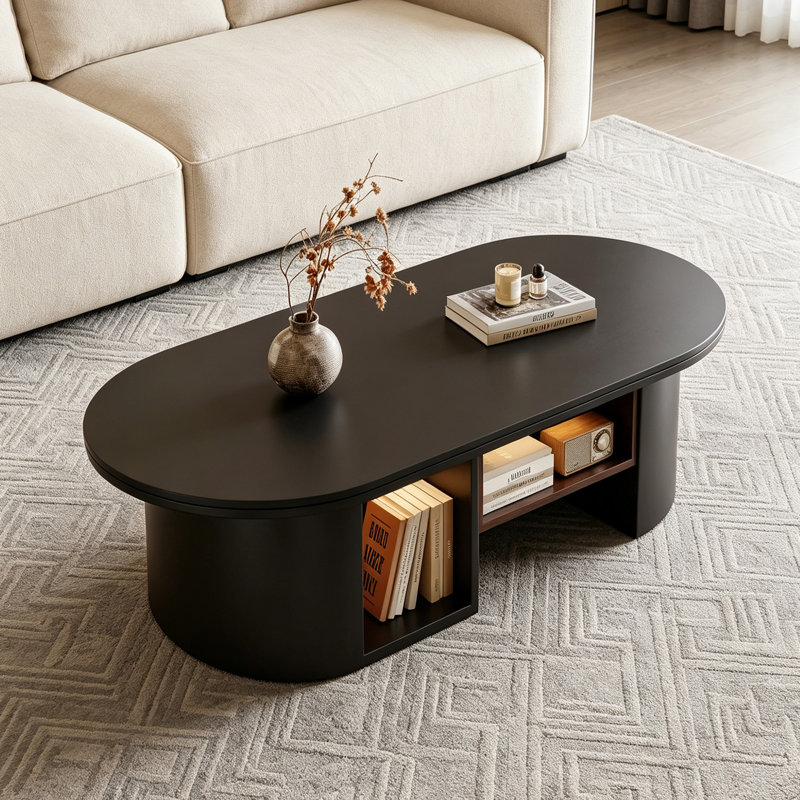 Oval Simple Household Storage Slate Coffee Table, 16.92" H x 47.24" L x 23.62" W, Black, Black