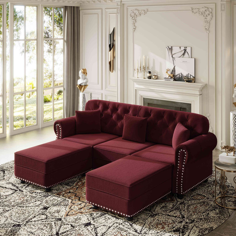 Canapé Chesterfield 82,6 po rembourré en velours avec garniture cloutée et accoudoirs roulés, canapé de style Mid-Century moderne capitonné avec boutons, inclus 3 coussins