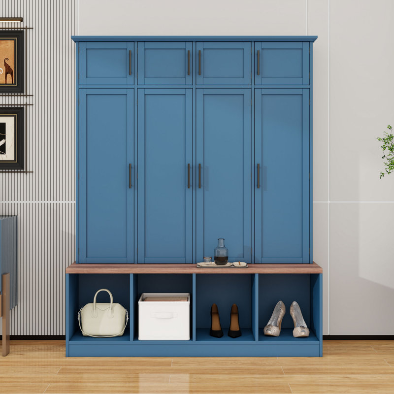 Arbre d'entrée en bois avec armoire, banc, portes et crochets, Bleu