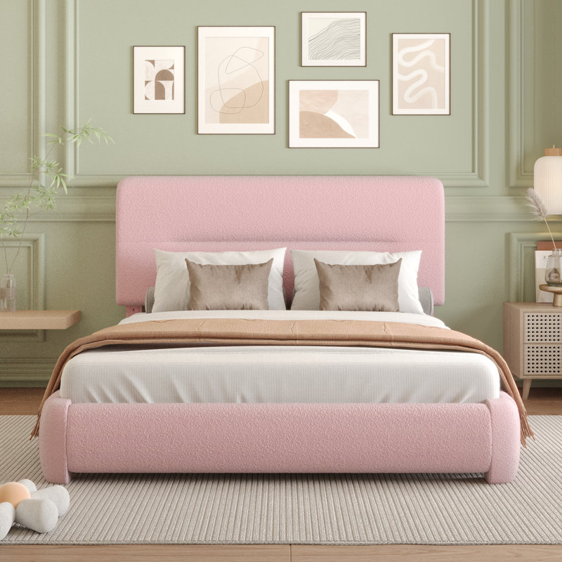 Haden Lambswool Boucle Upholstered Platform Bed Frame with Adjustable Headboard, Queen, Pink