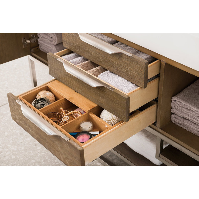 Meuble-lavabo double l 59 po Samorah, Chêne latte, Blanc, Or rayonnant