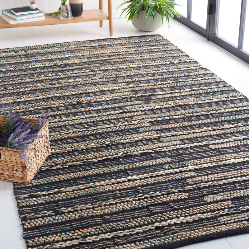 Avonte Natural Fiber Flat Weave Jute/Cotton Striped Rug in Black/Natural, Rectangle 5' x 8'
