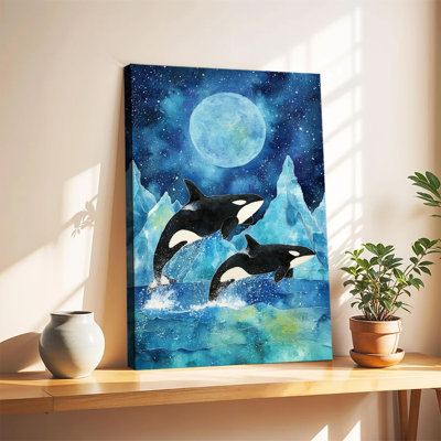 Orques à l'aquarelle sous la pleine lune, iceberg arctique, grande toile tendue sur châssis, impression d'art mural pour salon ou chambre