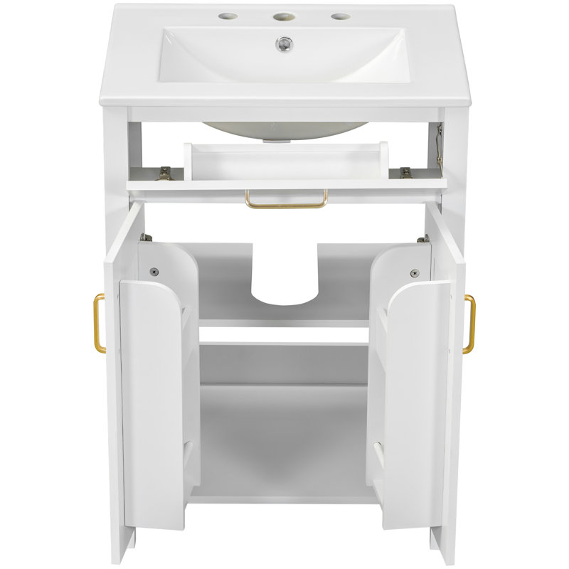 Meuble-lavabo double de 48 pouces avec lavabos en céramique, fabrication en bois massif, panneaux et portes à fermeture en douceur pour un meuble de salle de bain moderne, une tablette réglable en forme de U moderne, un tiroir rabattable dissimulé fonctionnel