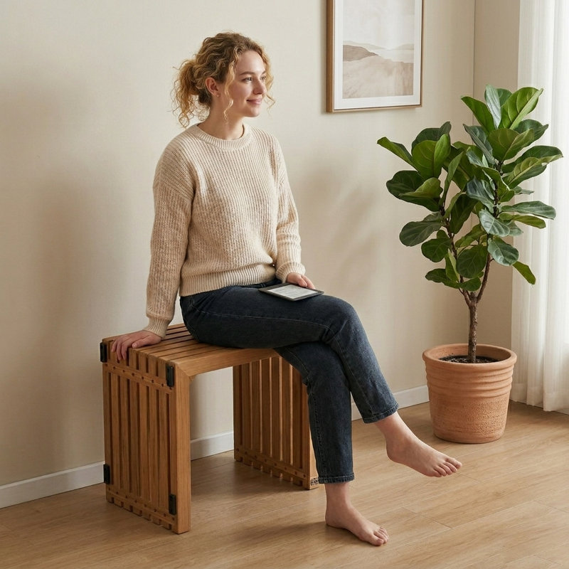 Convertible Solid Teak C-Shaped Side Table & Accent Stool – 2-in-1 Weather-Resistant Slatted Outdoor End Table for Patio, Sofa, or Bedside