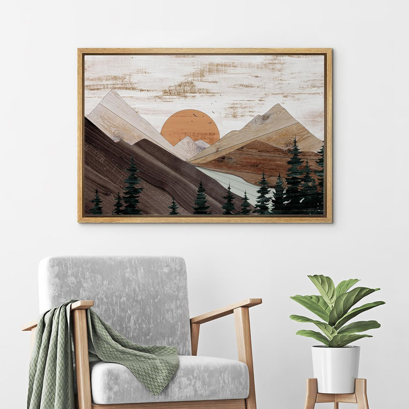 «Western Wood Effect Landscape Rustic Brown Mountain Trees Nature Abstract Farmhouse Wall Decor Room», reproduction d'art sur toile