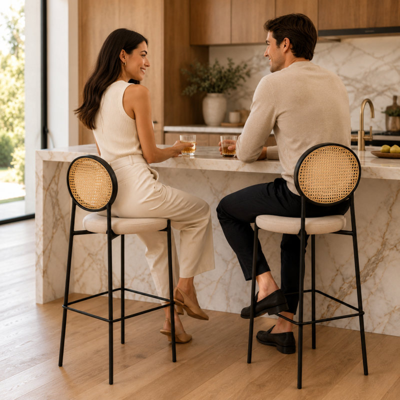 Tabouret de bar moderne en tissu Euston, Beige, 2