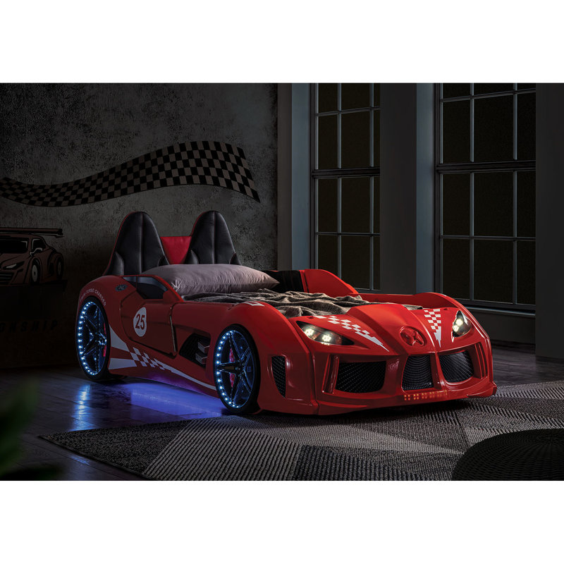 Red Twin Size Race Car Bed Featuring Modern Novelty Look, Magnetic Doors, Led Lights On Wheels And Bottom, Upholstered Headboard Sides, 4 Sound Options Via Remote Controller, Headlights As Night