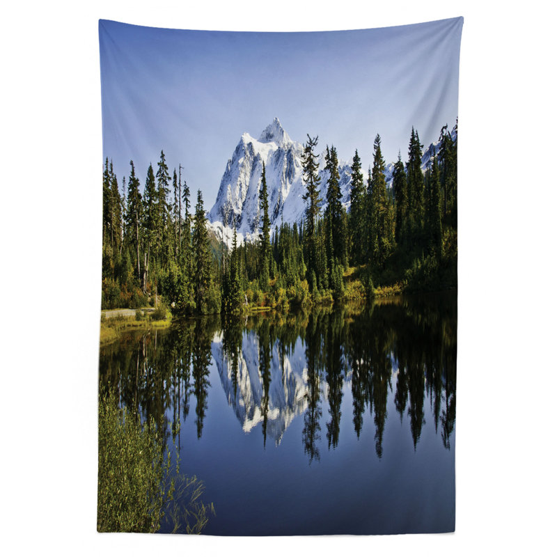 Ambesonne Landscape Tablecloth, Fall Colored Trees And Snowy Mountain Landscape With Crystal Lake Nature, Rectangular Table Cover For Dining Room Kitchen Decor, 52" X 70", Green Blue White