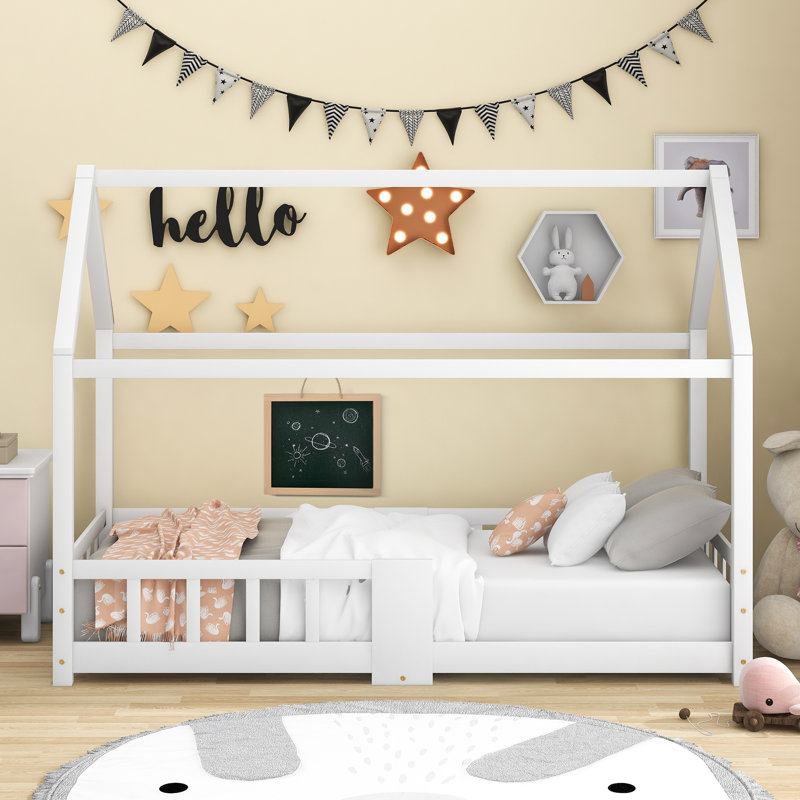 Gilbertown Children's Wooden House Bed 90 x 200 cm, incl. Blackboard, Slatted Frame, Fall-Out Protection (without mattress)