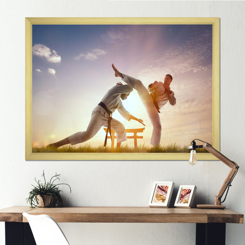 " Martial Arts Karate Fighters Outdoors ", Gold Single Picture Framed, 16" H x 32" W x 1" D