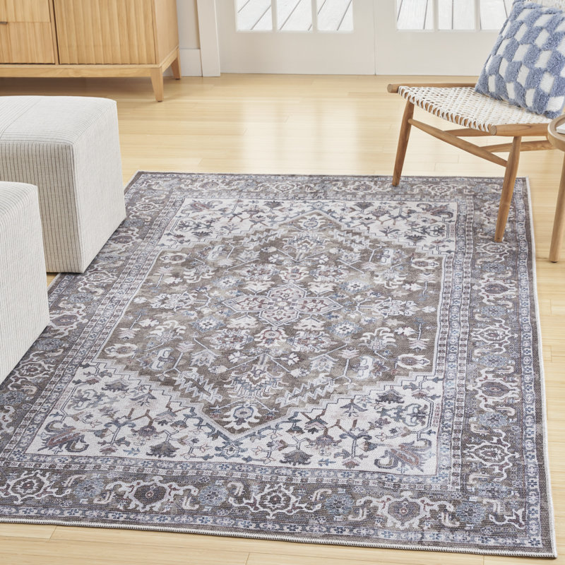 Tapis oriental ivoire / olive en coton / polyester lavable à la machine, Rectangle 4 pi x 6 pi