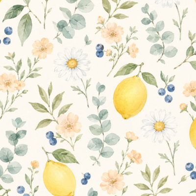 Peel and Stick Wallpaper Peony yellow flowers lemon fruits green leaves white floral Seamless Contact Paper Removable Self Adhesive Wall Mural Wall Decor for Bedroom Kitchen Cabinets 17.7in x 118in