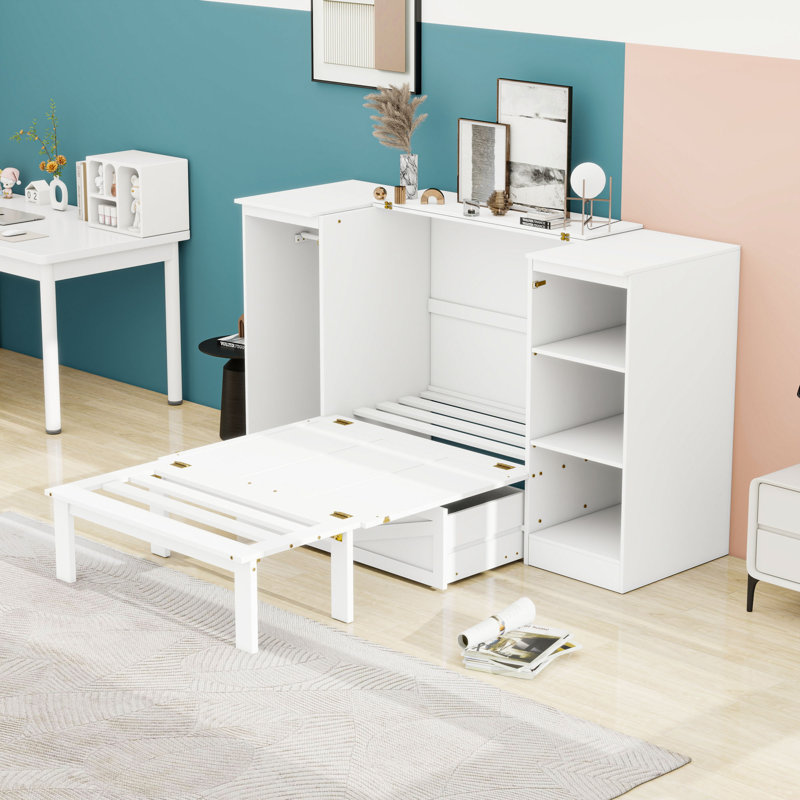 Lit escamotable simple avec garde-robe intégrée et tablettes de rangement