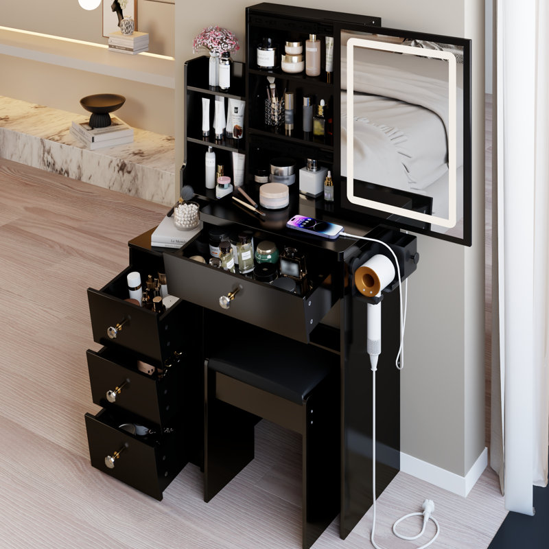 Ensemble de meuble-lavabo 29,2 po avec tabouret de chevet gauche, configuration 2 ac + 2, très grand miroir à DEL tactile avec fonction de réglage de la luminosité de l'interrupteur de couleur, pour un espace limité