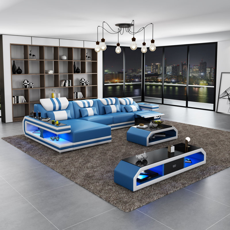 Lightspeed Sectional, Blue/White Genuine Leather, Left Hand Facing