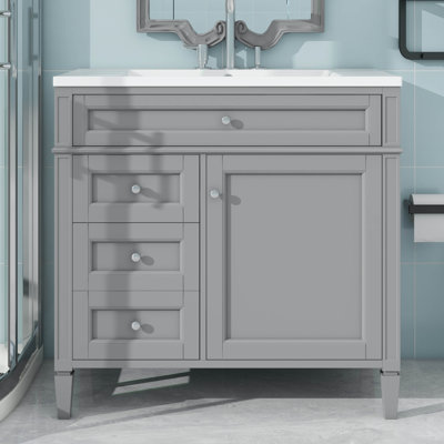 Meuble-lavabo de 36 po avec lavabo supérieur, armoire de rangement moderne avec 2 tiroirs et tiroir basculant, meuble-lavabo simple en bois massif