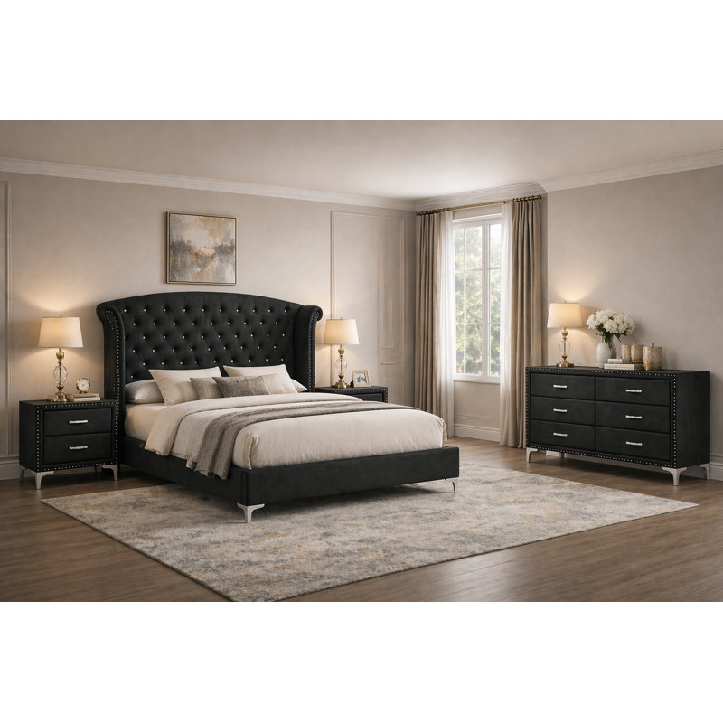 Ensemble de chambre à coucher de luxe à panneau tapissier avec tête de lit capitonnée en velours noir, 4 pièces, Grand lit