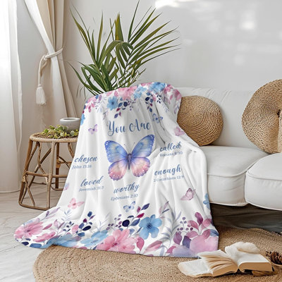 Couverture florale papillon rose pour femme, bleu et rose avec citation inspirante, douillet jeté douillet pour fille, canapé de salon de 30 x 40 po