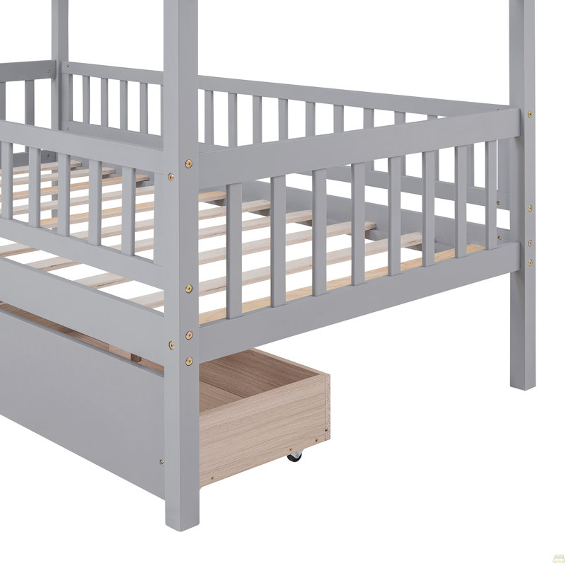 Lit simple en bois avec deux tiroirs, Gris