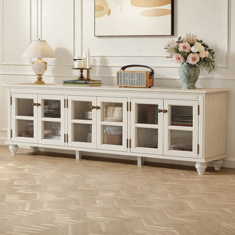 Meuble télé en bois de frêne avec armoires en verre nervuré, H 28,34 po x L 86,61 po x l 15,75 po