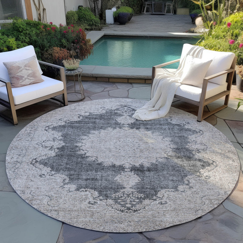 Machine Washable Indoor/Outdoor Chayden ACN1003 Black, Round 8'