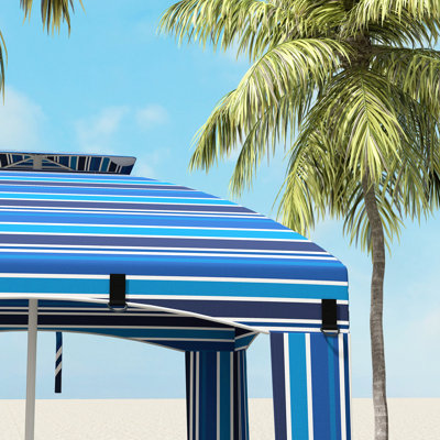 Parasol de plage double de 1,77 m avec parois, aérations, sacs de lestage, sac de transport, rayures bleues, offre une protection solaire optimale pour profiter du plein air.