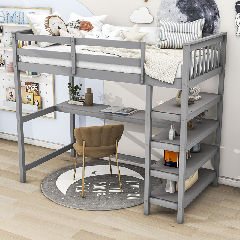Lit mezzanine en bois avec tablettes de rangement et bureau, Simple, gris
