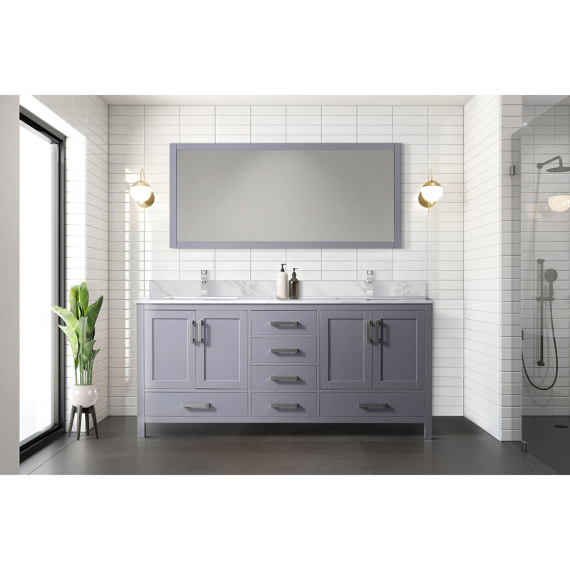 Meuble-lavabo double P 22 po, comptoir en marbre de Carrare, ensemble de robinet et miroir de 58 po, Gris foncé