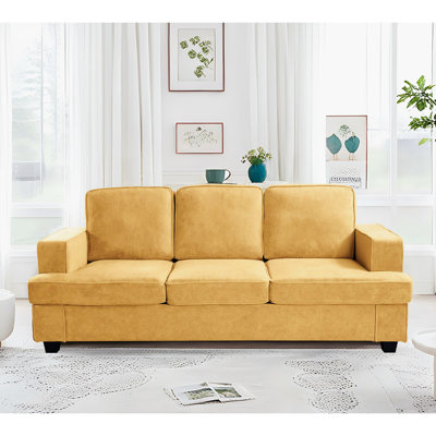 Velours jaune moutarde à la mode à 3 places avec mousse haute, assise profonde, accoudoirs larges pour les coussins de dossier modernes de 3 pièces