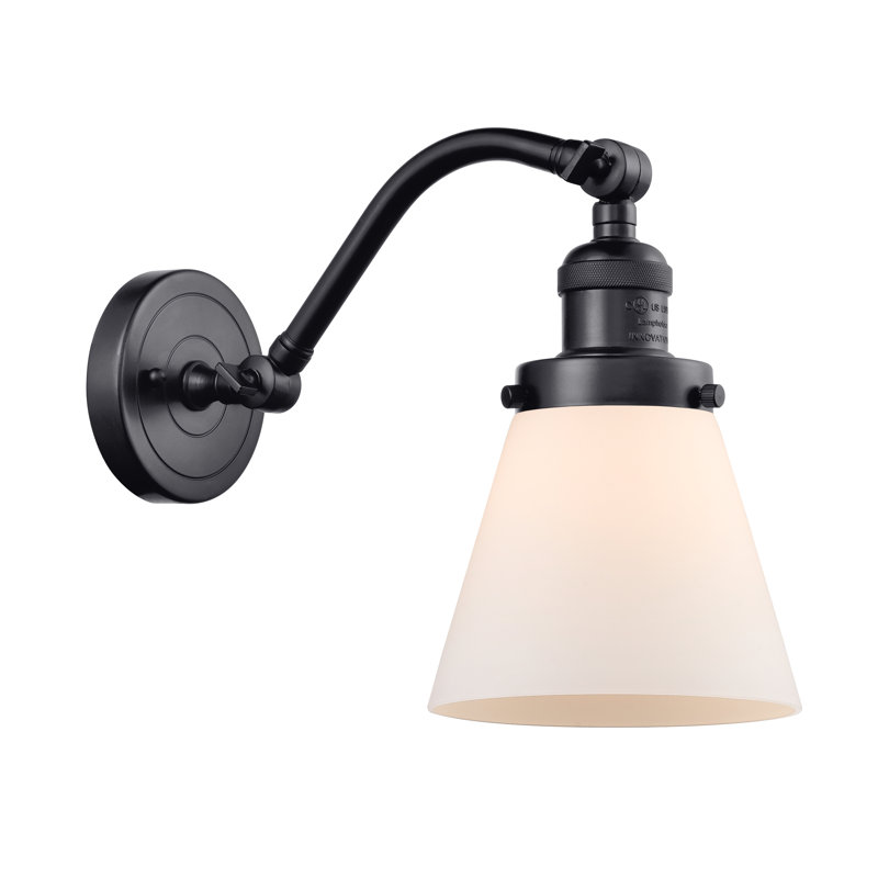 Applique murale 1 lumière Cone, Boîtier blanc mat, Ampoule à DEL rétro de 6 watts, Noir mat