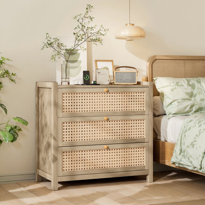29.6'' W Rattan Nightstand With 3 Drawers, Modern Boho Bedside Table with Charging Station, USB, Type-C Port for Bedroom, Living Room & Entryway