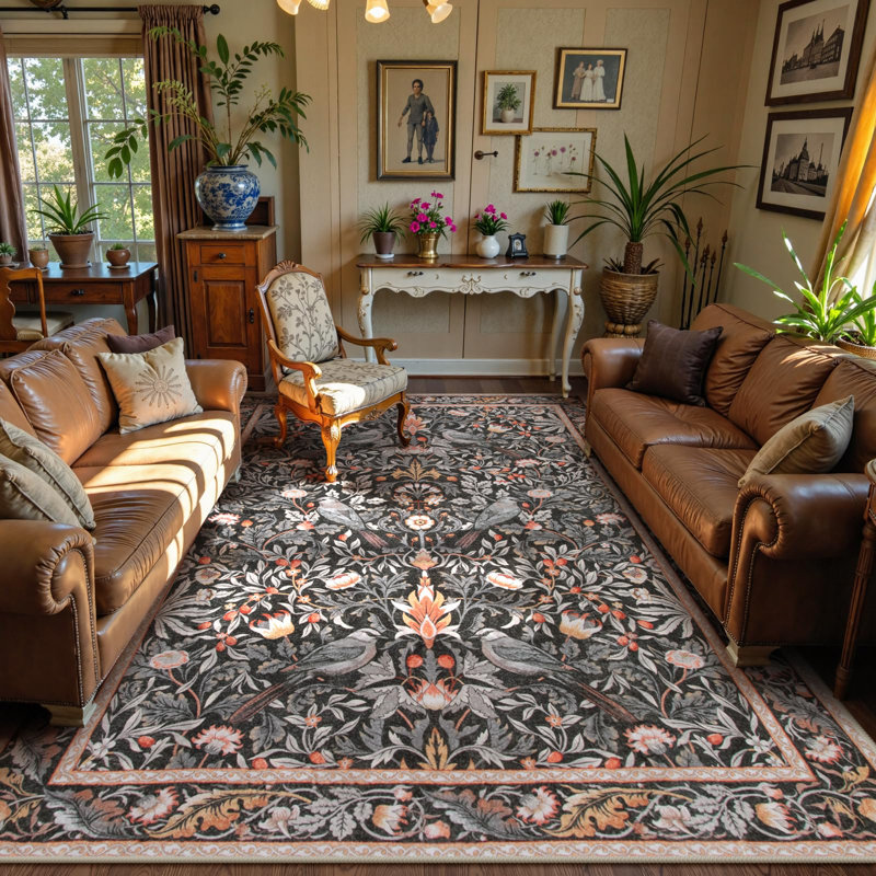  Vintage Bird Washable Area Rugs for Living Room Floral Soft Rug Low Pile Print Carpet, Rectangle 8' x 10'