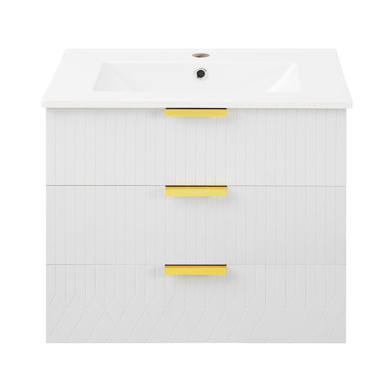 Armoire murale suspendue 24 po avec tiroir double, petit lavabo de salle de bain rectangulaire flottant avec trou de robinet simple et trop-plein, armoire de salle de bain moderne avec lavabo en céramique