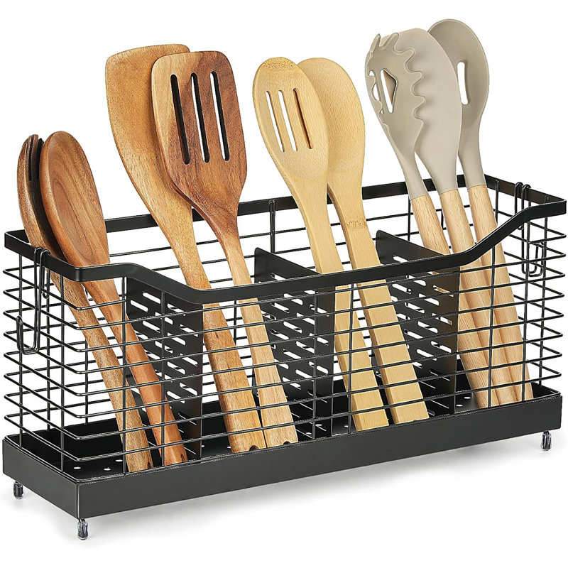 Très grand porte-ustensiles à 3 compartiments, organisateur de comptoir de cuisine durable, conception robuste pouvant contenir plus de 30 ustensiles de cuisine, drainage facile, pieds antidérapants