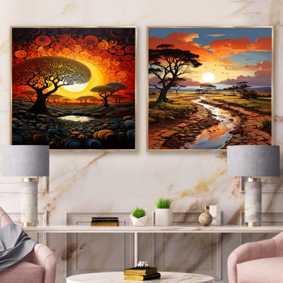 Baobab arbre coucher de soleil Reverie - ensemble de 2 paysages carrés