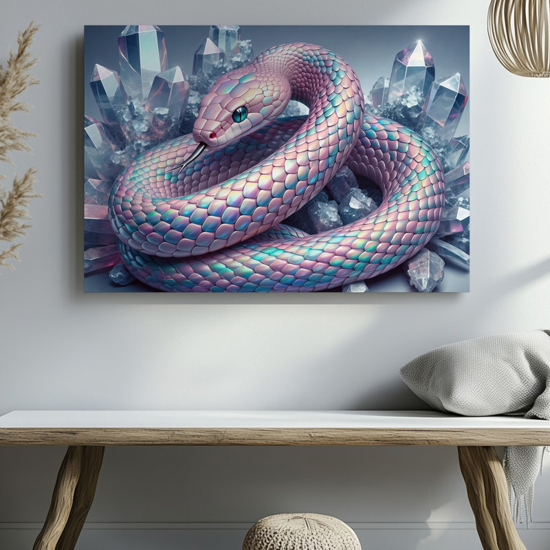 Toile, un serpent iridescent frappant enroulé élégamment sur fond de cristaux muraux chatoyants présentant un mélange captivant