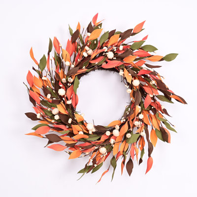 22" Artificial Farmhouse Corn Leaf Berry Harvest Thanksgiving Day Fall Wreath For Front Door