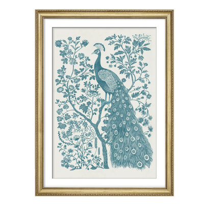 " Intricate Teal Peacock And Floral Illustrations Impressionism Gold Framed Wall Art Decoration "