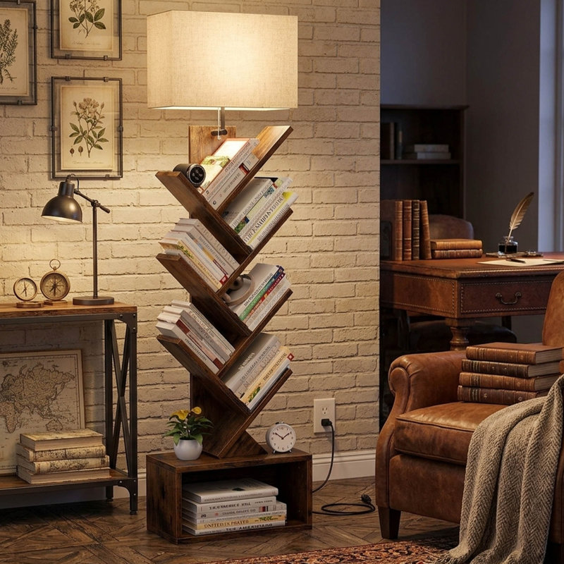 Bibliothèque à 6 niveaux avec éclairage réglable et armoire de rangement, bibliothèque haute étroite pour le salon, la chambre et le bureau à domicile