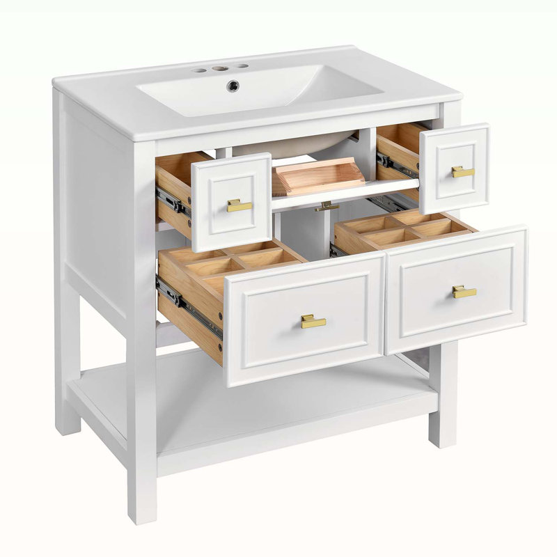 Ensemble de meuble-lavabo simple autoportant avec 5 tiroirs, Blanc