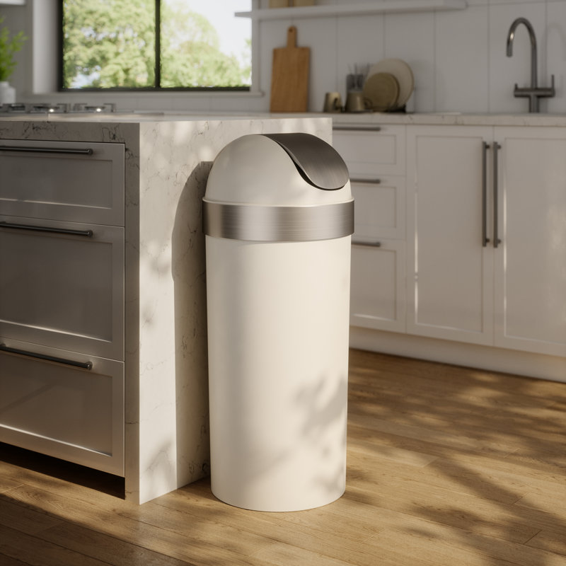 Sand Plastic Swing Top Trash Can with Metallic Accents