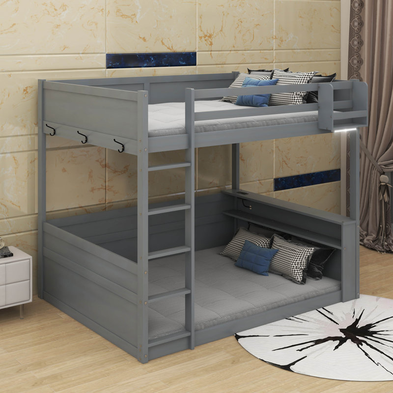 Queen Size Wooden Bunk Bed With Built-In Shelves, LED Light And USB Charging Station, Gray