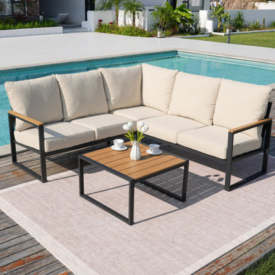 Canapé modulaire d'extérieur en L pour terrasse avec structure et coussins en métal
