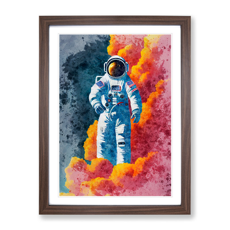Astronaut in Watercolour No.3 1 Piece Single Picture Frame Painting, 64cm H x 46cm W x 2cm D, Walnut Framed