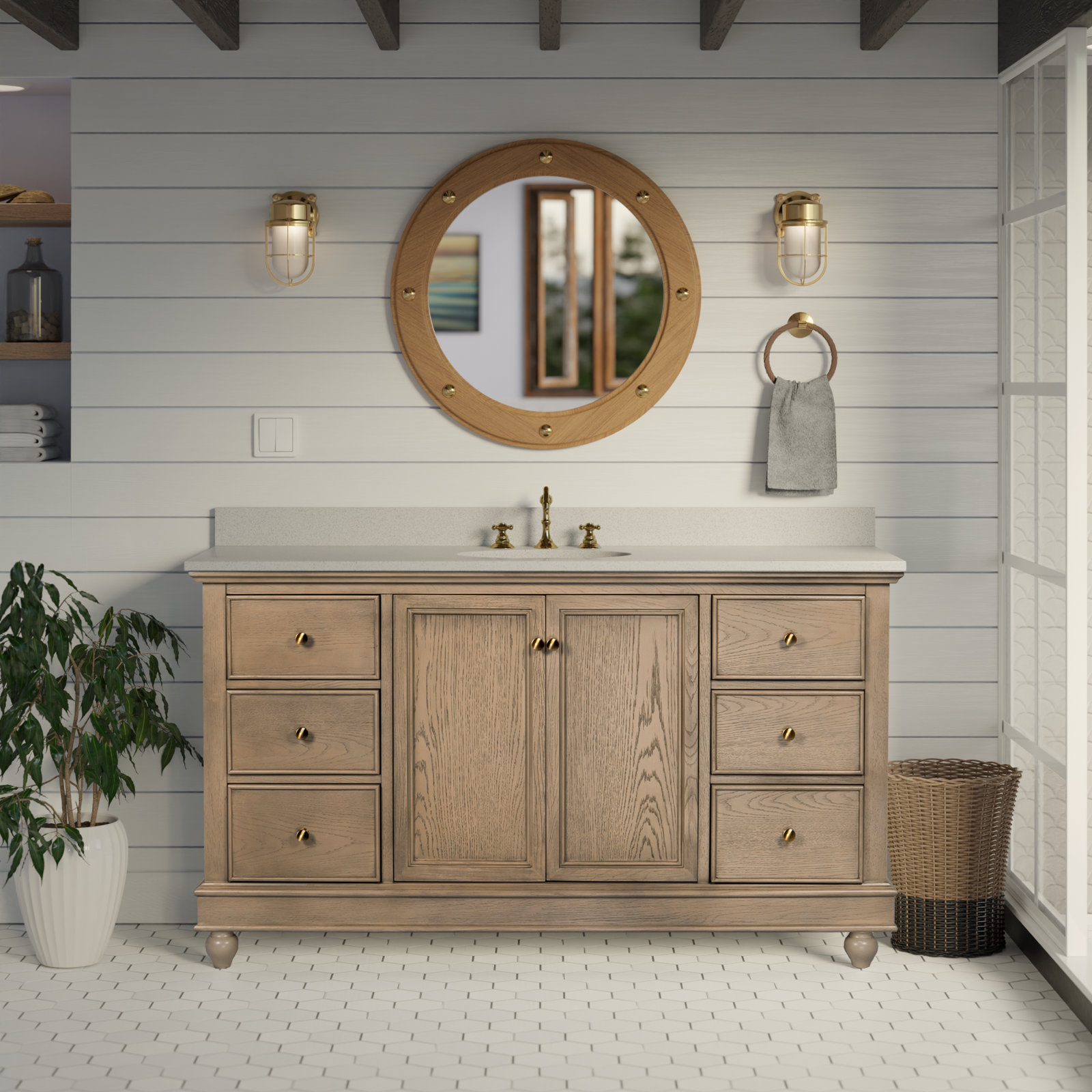 Ferdinand 60'' Single Bathroom Vanity, Greige Oak, Engineered White