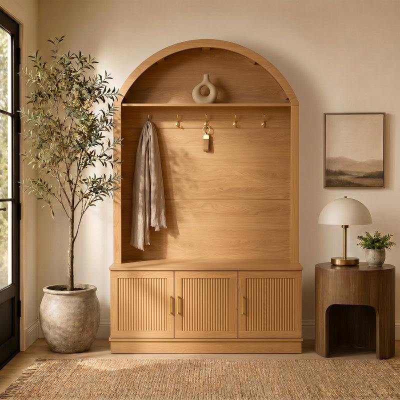46.4" Arched Hall Tree with Bench, Farmhouse Entryway Mudroom Storage with Fluted Doors, 5 Metal Coat Hooks and Adjustable Shelves, Drop-Zone Organizer