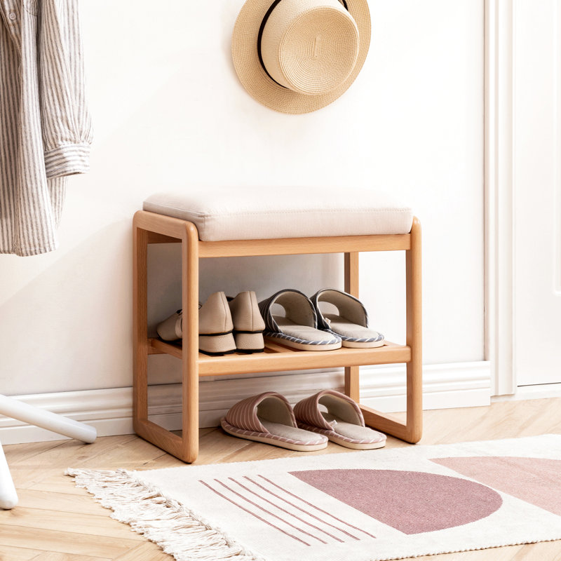 High Rebound Sponge Cushioned Natural Solid Wood Shoe Bench, Beech Storage Organizer For Entryway, Bedroom, Hallway - 23.78" Long, 11.81" Deep, 16.5" High, 300Lbs Weight Limit, Two Tier Shelf Design,