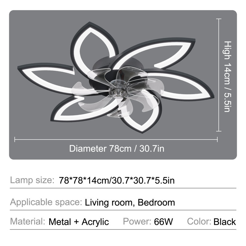 LED ceiling fan with lighting, creativity 6 -light, quiet dimmable ceiling light with remote control and app, Black