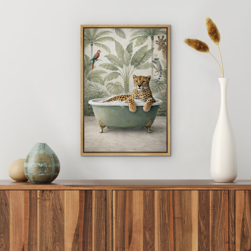 Reproduction d'art léopard fantaisiste dans une baignoire dans la jungle, 36" H x 24" W x 1.5" D, Natural